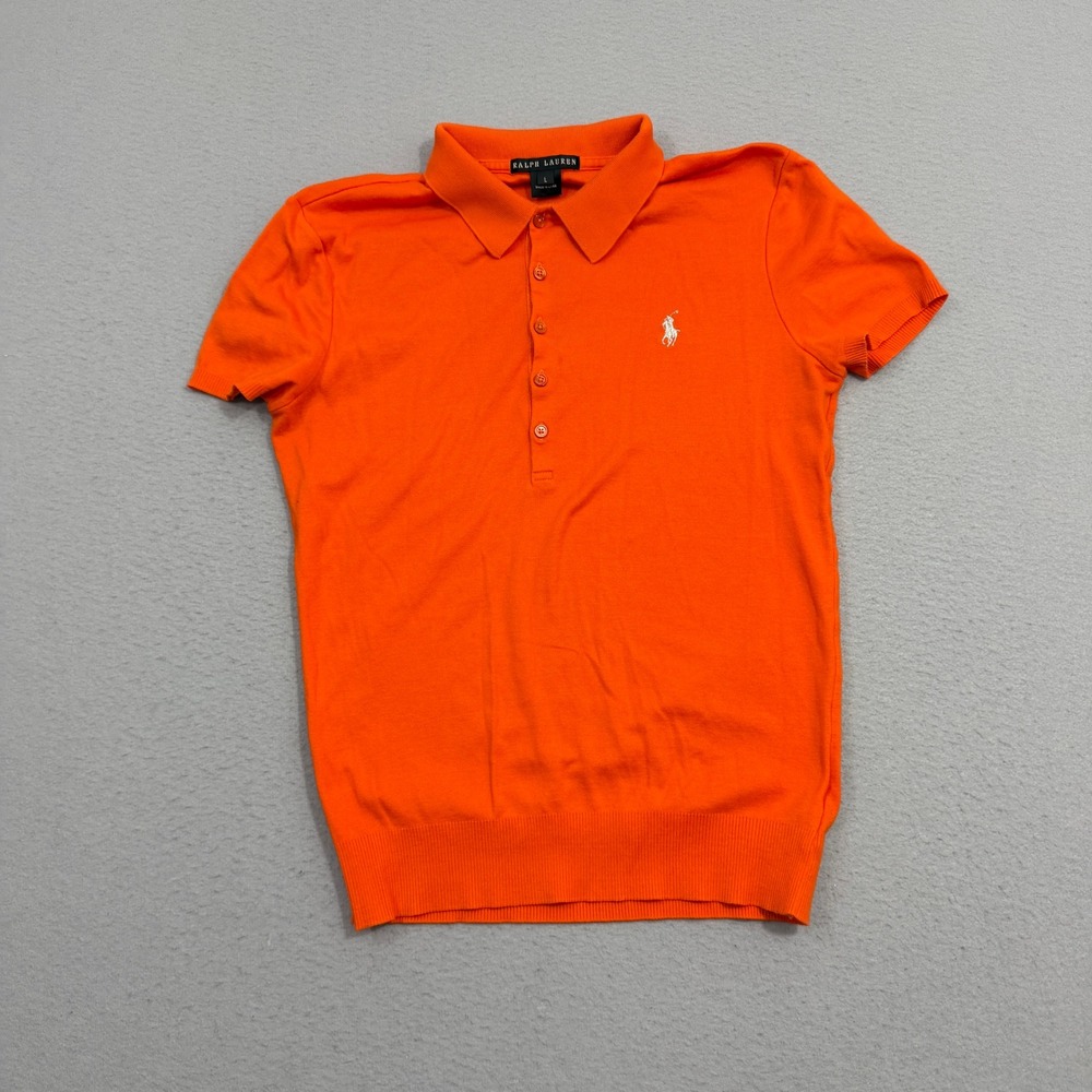 Ralph Lauren Polo Shirt Women Large Orange Short Sleeve Mercerized Cotton Knit